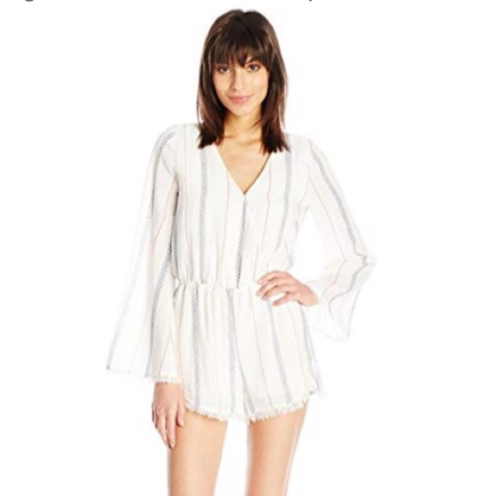 Moon River white striped boho fringe romper large